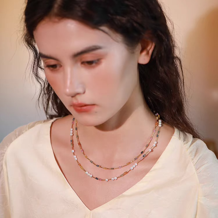 Natural Pearl & Colorful Sapphire Necklace – Summer Dopamine 18K Gold Beaded Collarbone Necklace