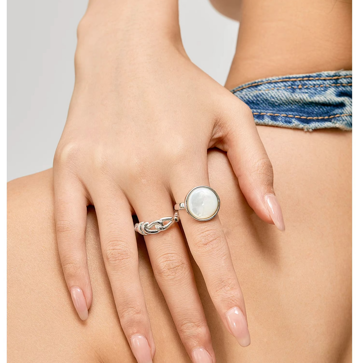 Natural White Mother-of-Pearl Stacking Ring Set with Pearl