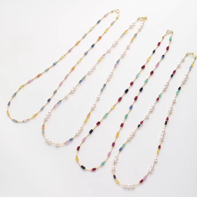Natural Pearl & Colorful Sapphire Necklace – Summer Dopamine 18K Gold Beaded Collarbone Necklace