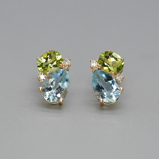 "Colorful Gemstones" – Approx. 1.2 Carat Natural Teardrop Aquamarine Earrings, 18K Gold Peridot & Diamond Studs with Green and Multicolored Gemstones