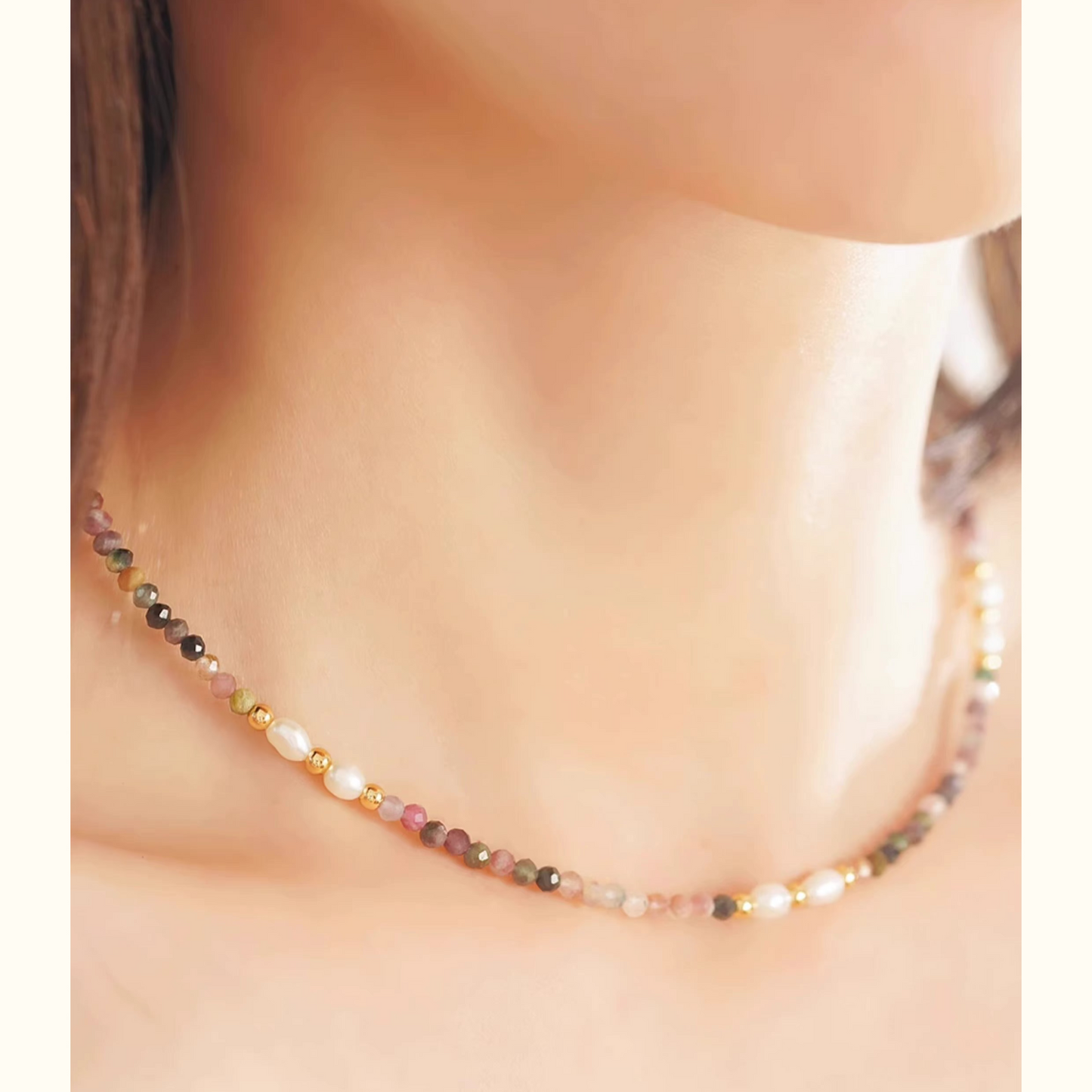 Delicate Tourmaline & Natural Pearl Mixed Necklace β Unique French-Inspired Light Luxury Choker