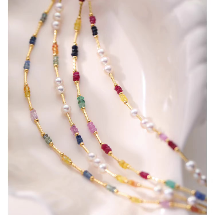 Natural Pearl & Colorful Sapphire Necklace – Summer Dopamine 18K Gold Beaded Collarbone Necklace