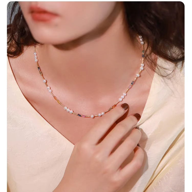 Natural Pearl & Colorful Sapphire Necklace – Summer Dopamine 18K Gold Beaded Collarbone Necklace