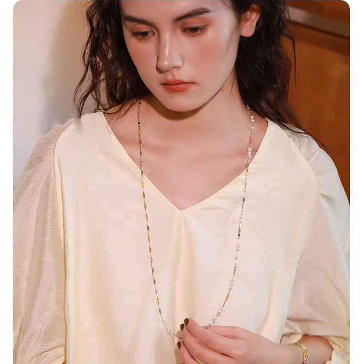Natural Pearl & Colorful Sapphire Necklace – Summer Dopamine 18K Gold Beaded Collarbone Necklace
