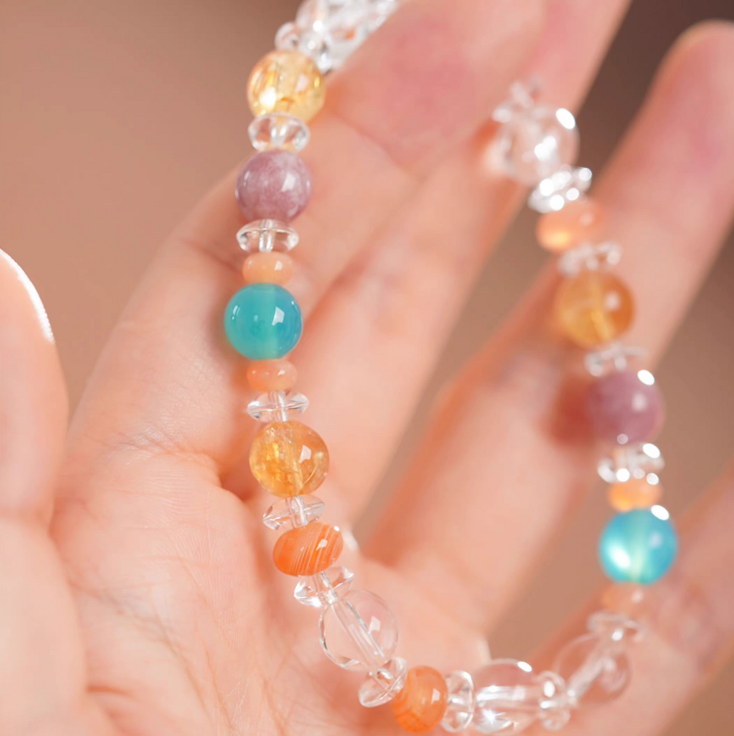 Natural Agate & Crystal Beaded Bracelet – Elastic Stress-Relief Bracelet for Women