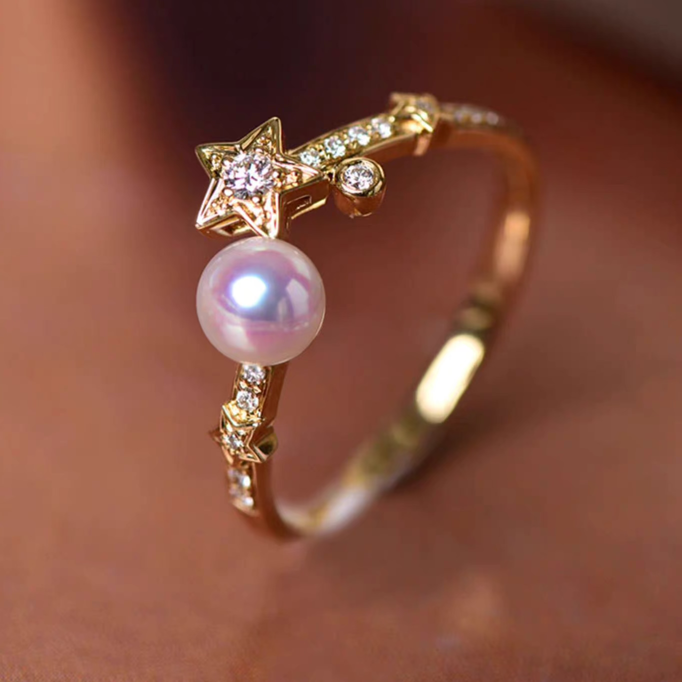 "Starlight Sugar" – 18K Gold Natural Diamond & Akoya Pearl Ring Set (Two Rings, Versatile Styling)
