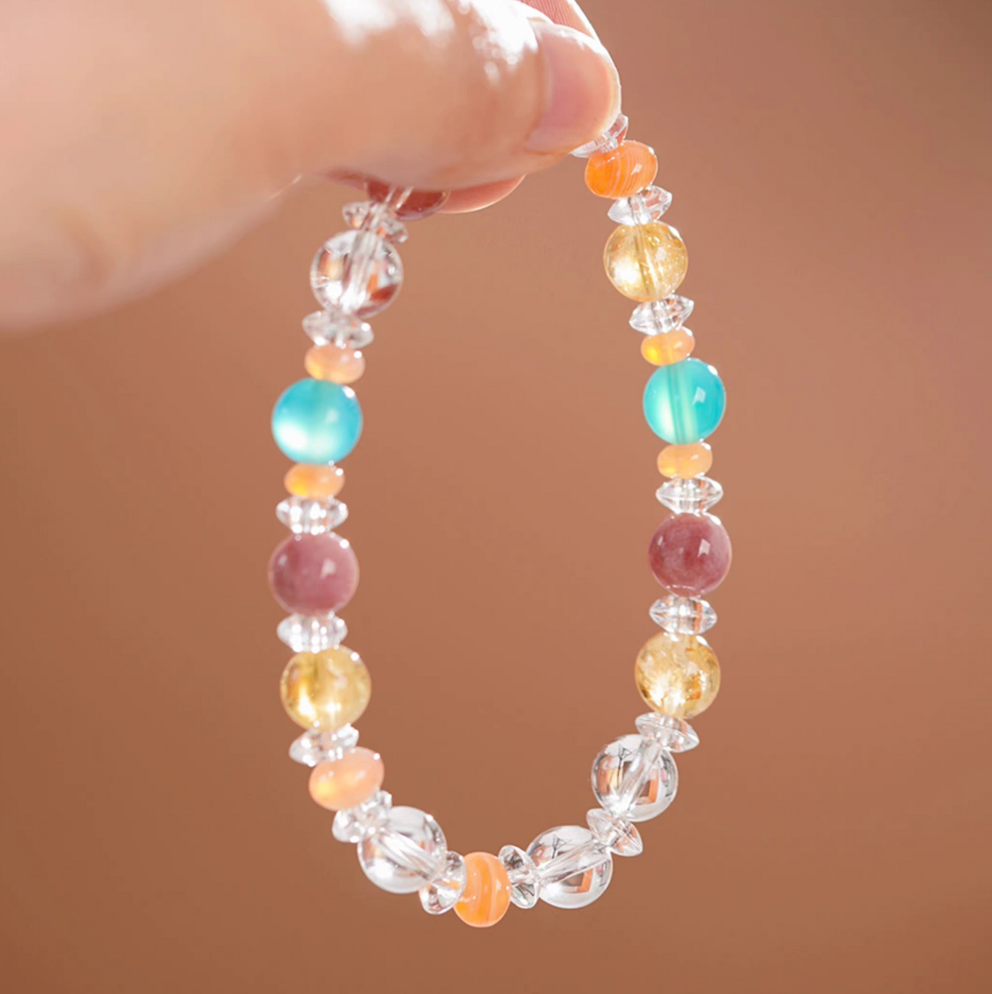 Natural Agate & Crystal Beaded Bracelet – Elastic Stress-Relief Bracelet for Women