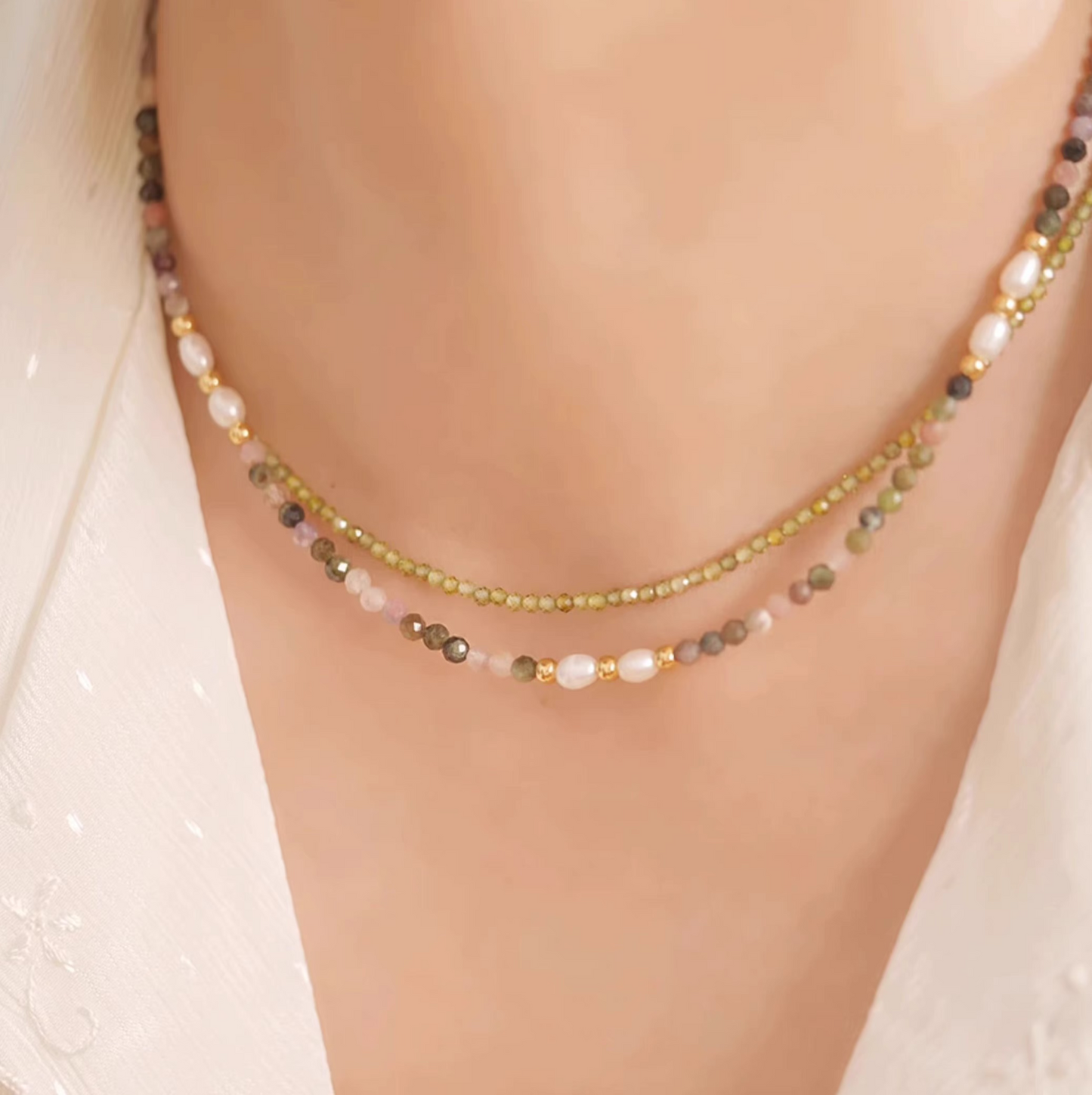 Delicate Tourmaline & Natural Pearl Mixed Necklace β Unique French-Inspired Light Luxury Choker
