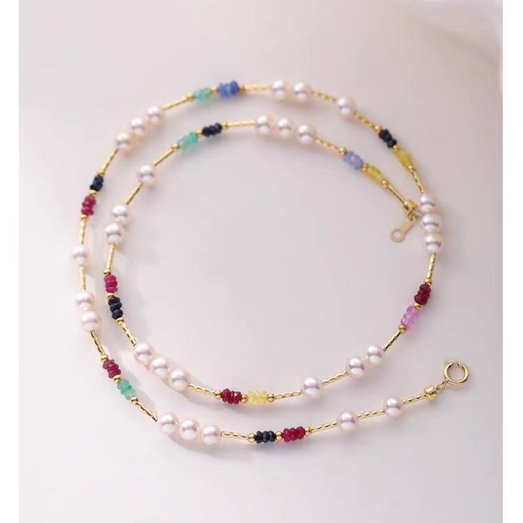 Natural Pearl & Colorful Sapphire Necklace – Summer Dopamine 18K Gold Beaded Collarbone Necklace