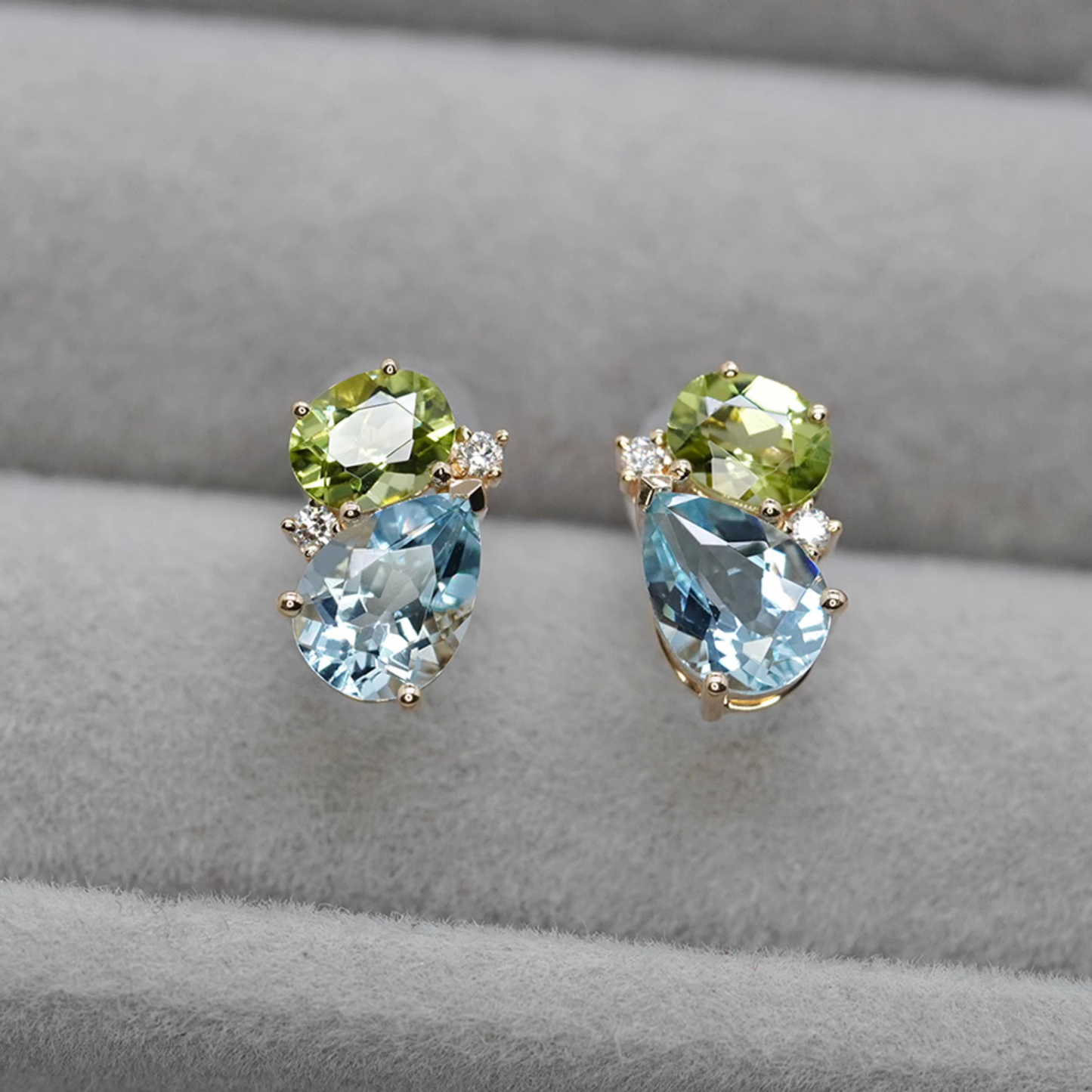 "Colorful Gemstones" – Approx. 1.2 Carat Natural Teardrop Aquamarine Earrings, 18K Gold Peridot & Diamond Studs with Green and Multicolored Gemstones