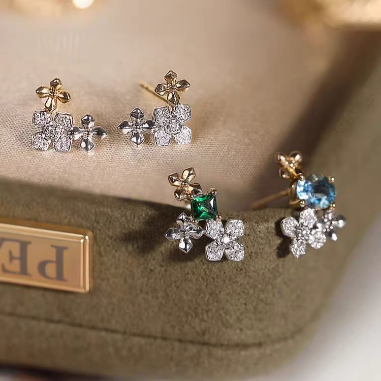 Hydrangea 18K Gold Gemstone Floral Stud Earrings