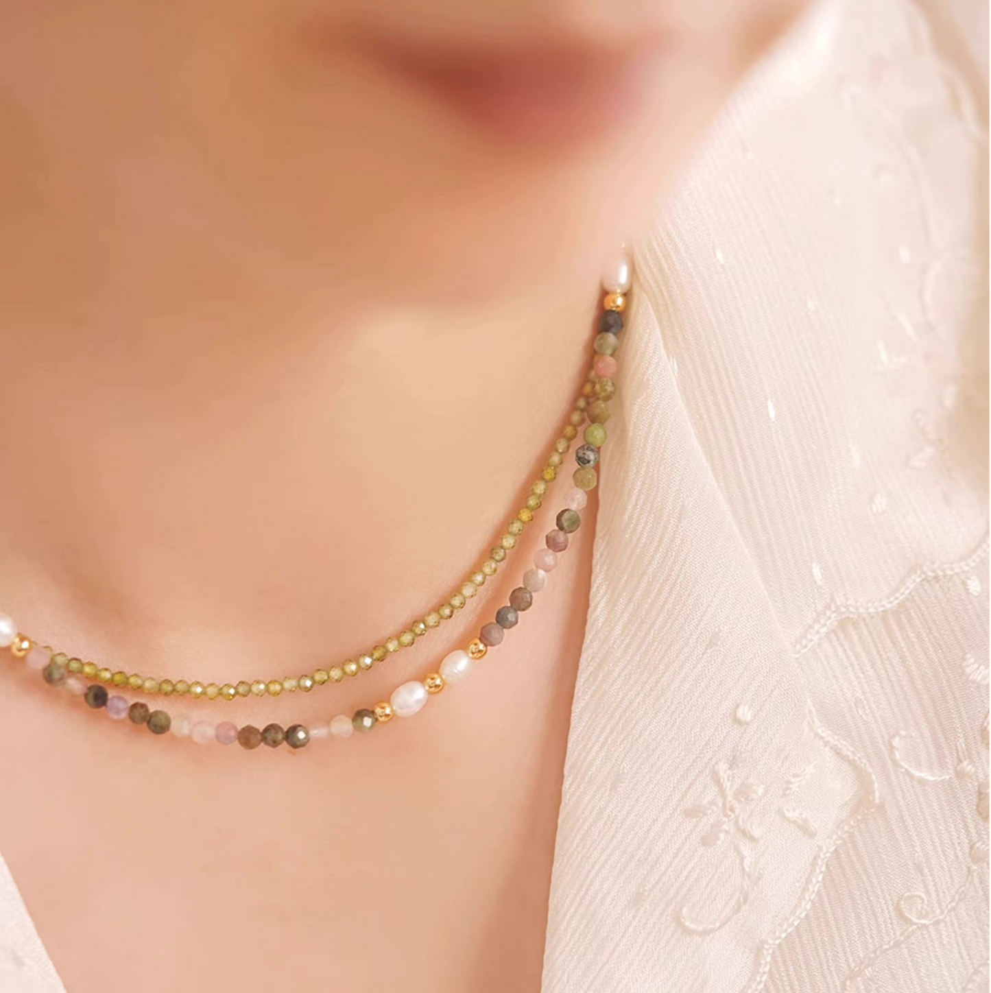 Delicate Tourmaline & Natural Pearl Mixed Necklace β Unique French-Inspired Light Luxury Choker