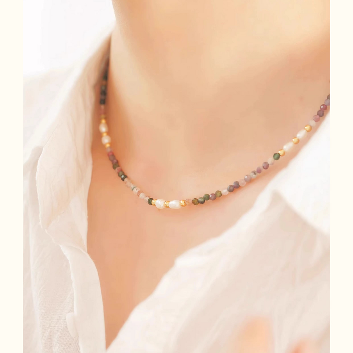 Delicate Tourmaline & Natural Pearl Mixed Necklace β Unique French-Inspired Light Luxury Choker