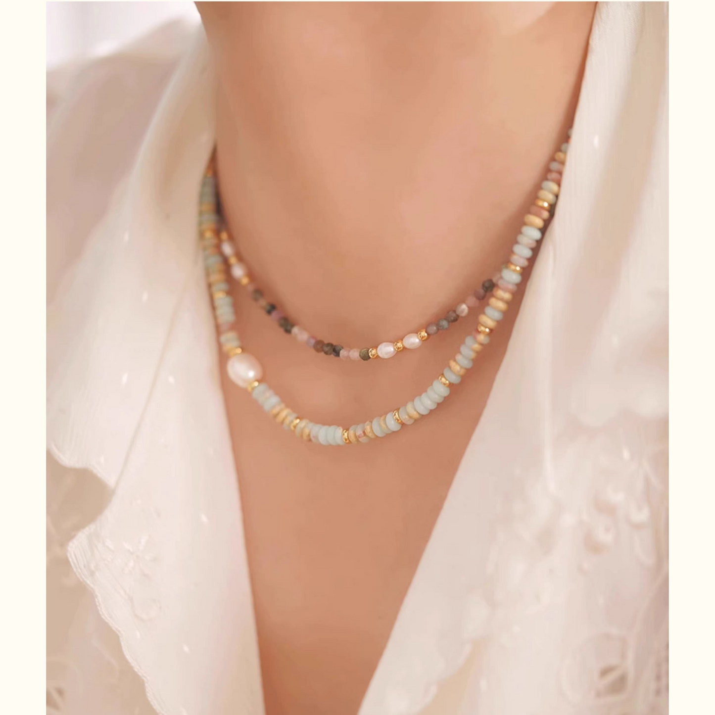 Delicate Tourmaline & Natural Pearl Mixed Necklace β Unique French-Inspired Light Luxury Choker
