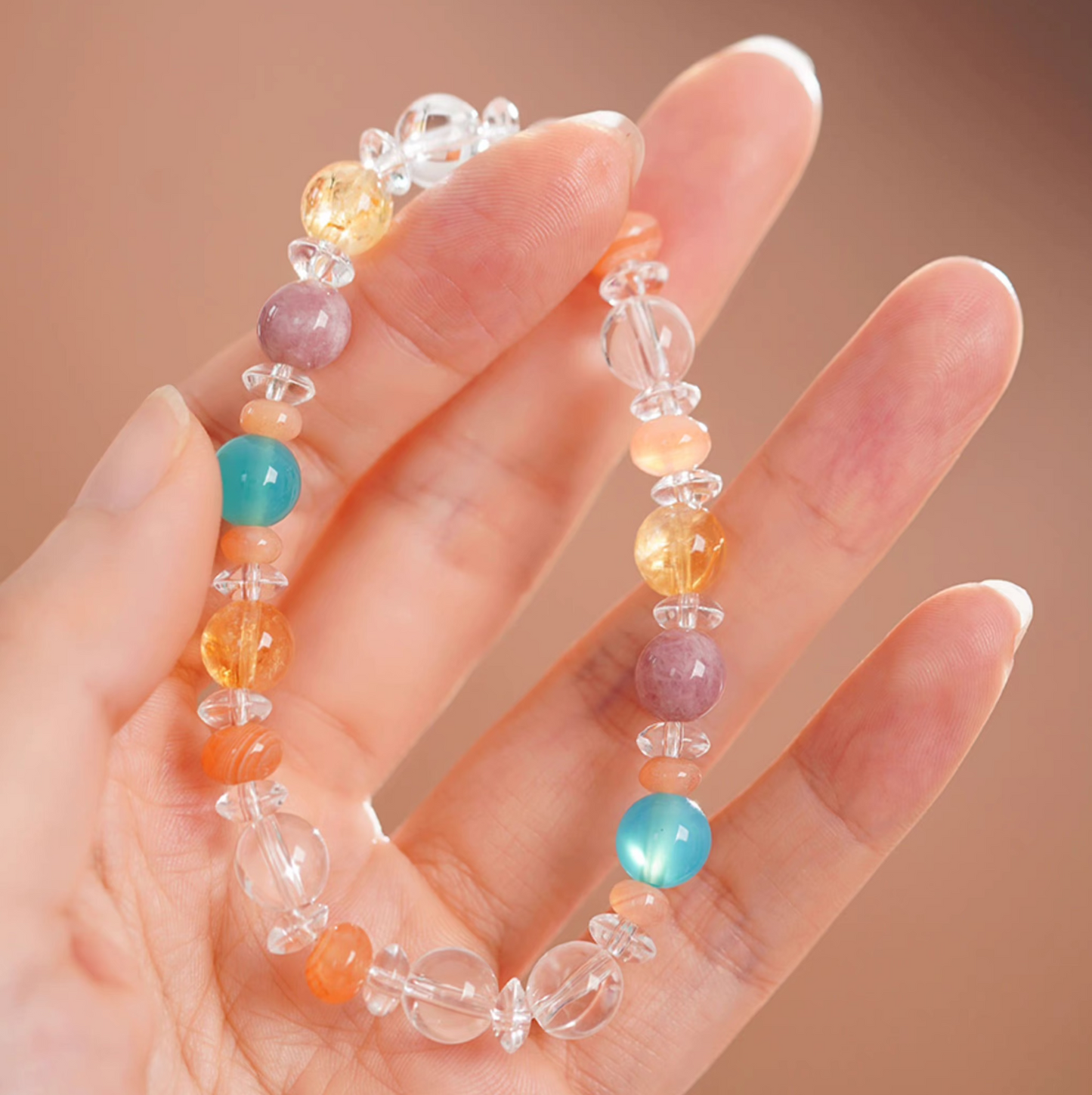 Natural Agate & Crystal Beaded Bracelet – Elastic Stress-Relief Bracelet for Women