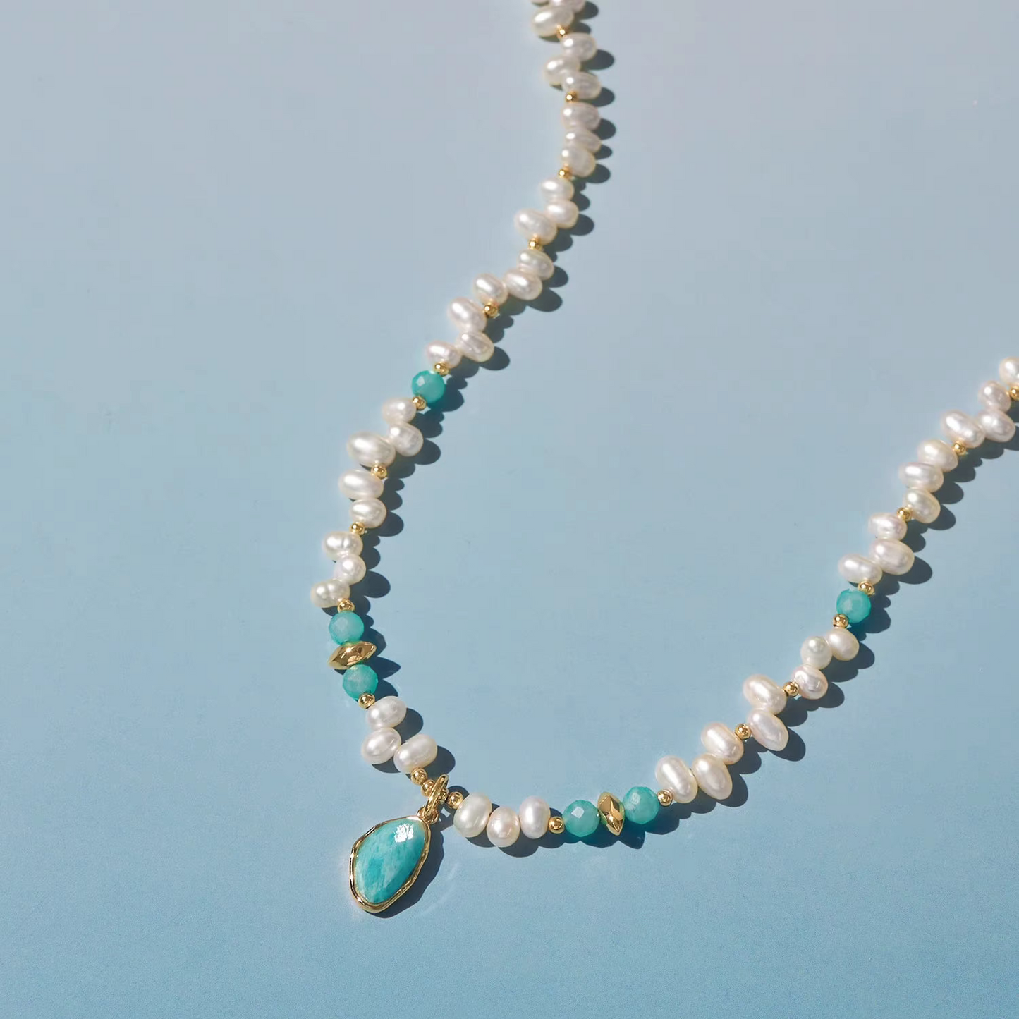 Women's Pearl Choker Necklace with Amazonite Pendant โ Delicate Collarbone Chain