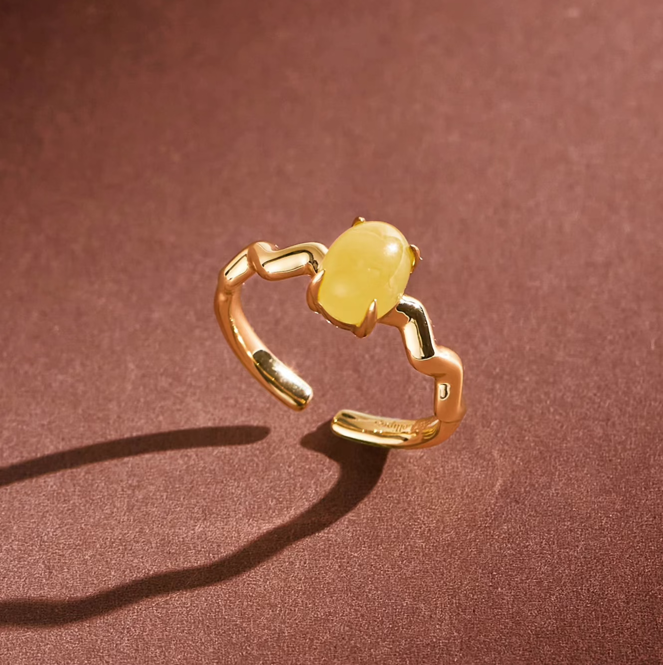 Natural Amber Ring for Women – Wave Design Open Band Gemstone Index Finger Ring