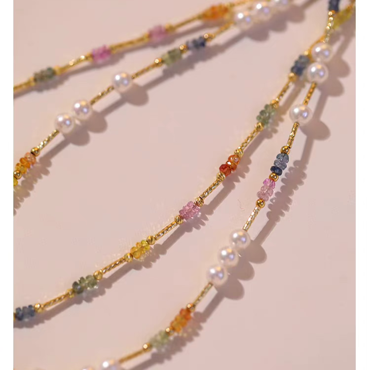 Natural Pearl & Colorful Sapphire Necklace – Summer Dopamine 18K Gold Beaded Collarbone Necklace