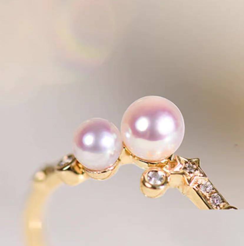 "Starlight Sugar" – 18K Gold Natural Diamond & Akoya Pearl Ring Set (Two Rings, Versatile Styling)