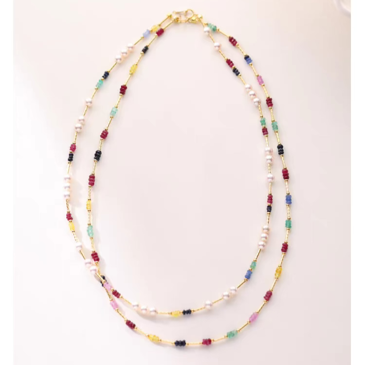 Natural Pearl & Colorful Sapphire Necklace – Summer Dopamine 18K Gold Beaded Collarbone Necklace