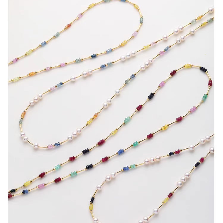 Natural Pearl & Colorful Sapphire Necklace – Summer Dopamine 18K Gold Beaded Collarbone Necklace