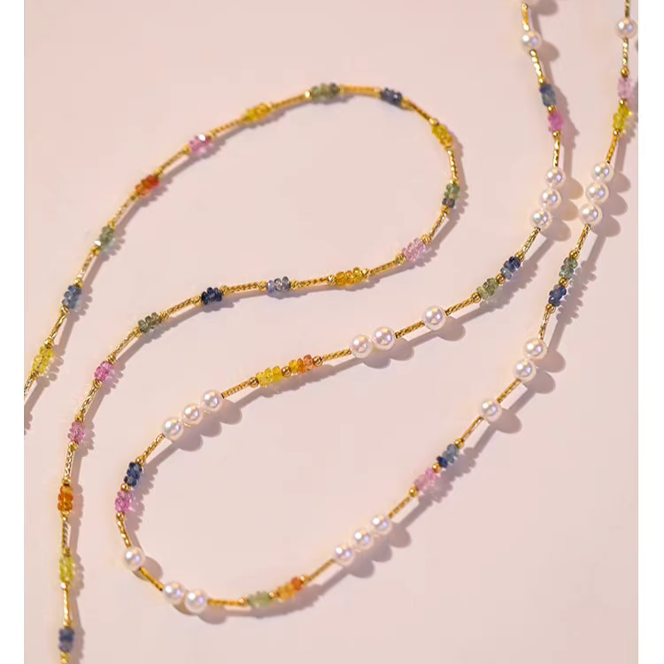 Natural Pearl & Colorful Sapphire Necklace – Summer Dopamine 18K Gold Beaded Collarbone Necklace