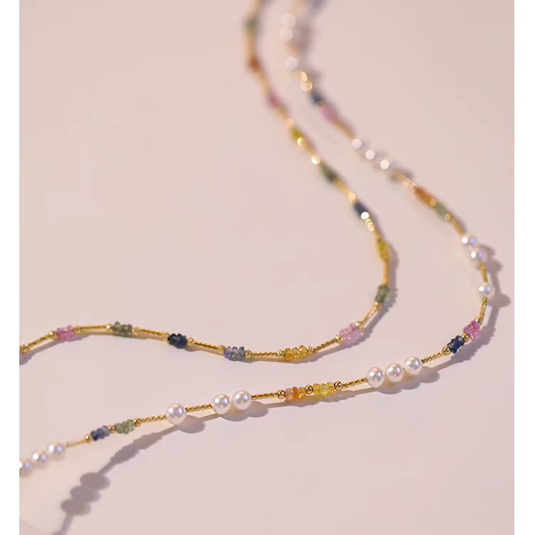 Natural Pearl & Colorful Sapphire Necklace – Summer Dopamine 18K Gold Beaded Collarbone Necklace