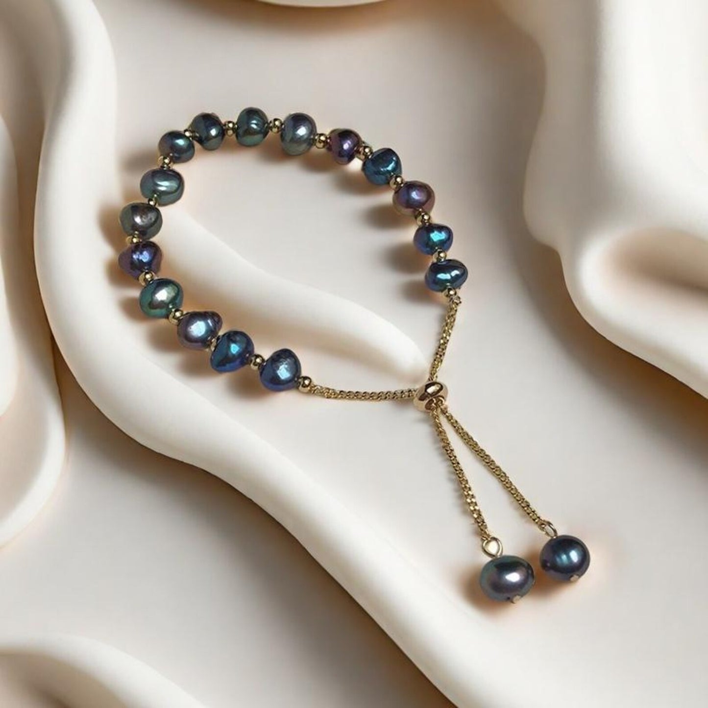 Peacock Blue-Green | Pink | White Baroque Pearl Bracelet with Adjustable Gold Chain, Elegant Freshwater Pearl Bracelet
