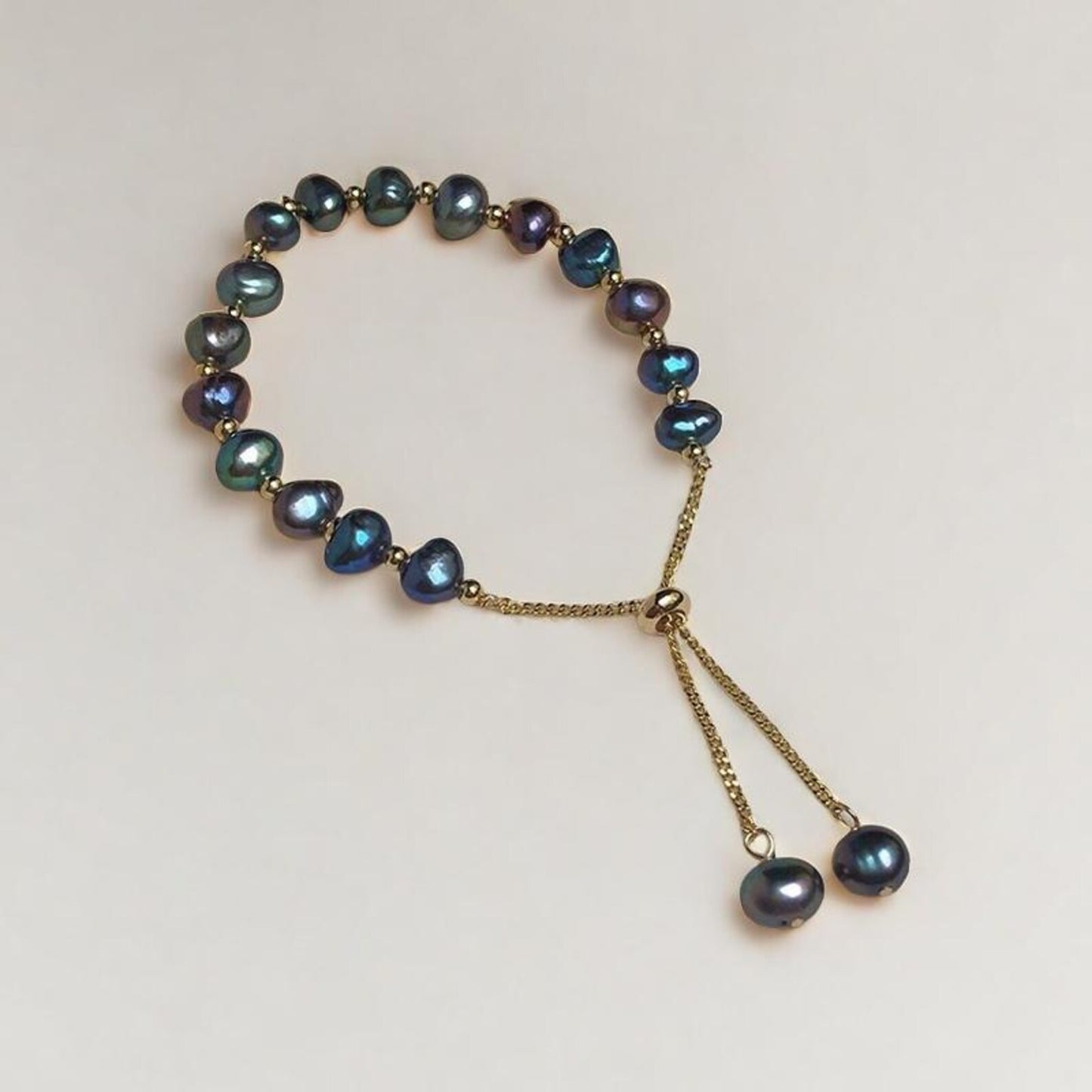 Peacock Blue-Green | Pink | White Baroque Pearl Bracelet with Adjustable Gold Chain, Elegant Freshwater Pearl Bracelet