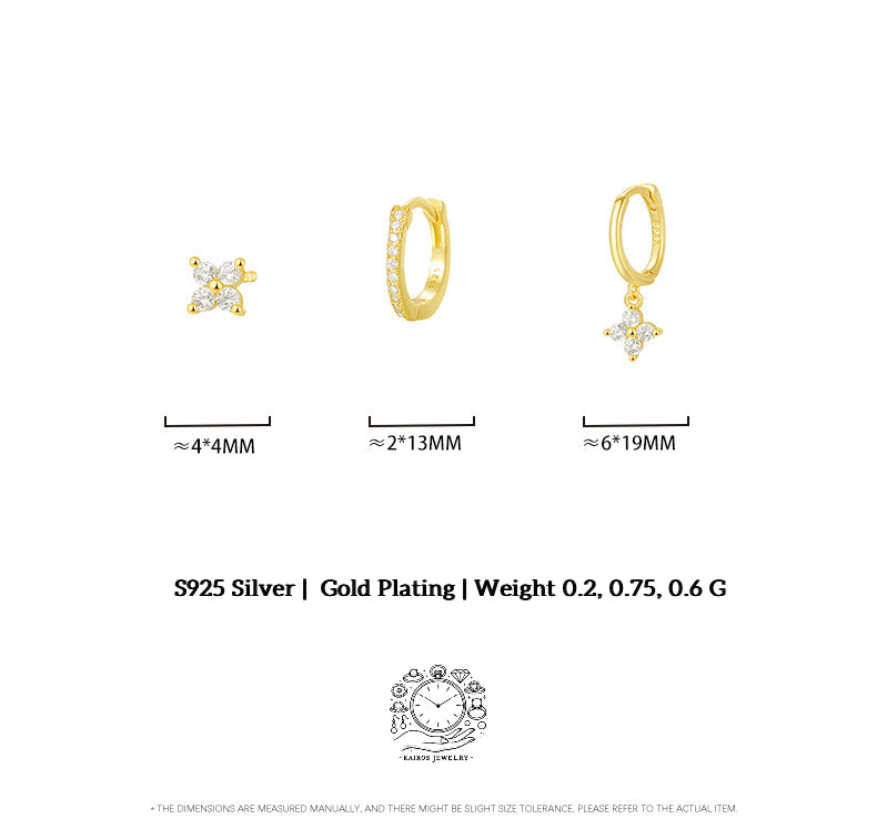 925 Sterling Silver three Colorful Zircon Flower Pendant Hoop Earrings, ear stud, Drop Huggies Set For Women Girls, Small Minimalist Huggies