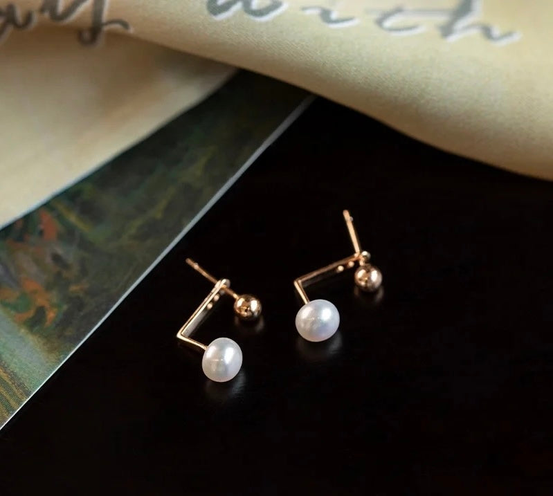 Modern Minimalist Gold Pearl Stud Earrings – 14K Gold & Sterling Silver Design | Gift for her | two wearing ways