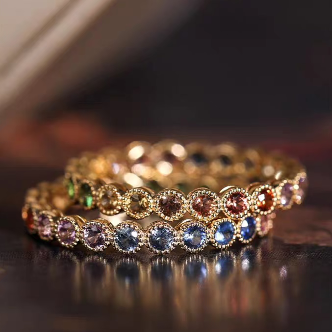 "Colorful Rainbow" – 18K Gold Gradient Dopamine Ring with Multicolor Sapphires & Tsavorite Garnets