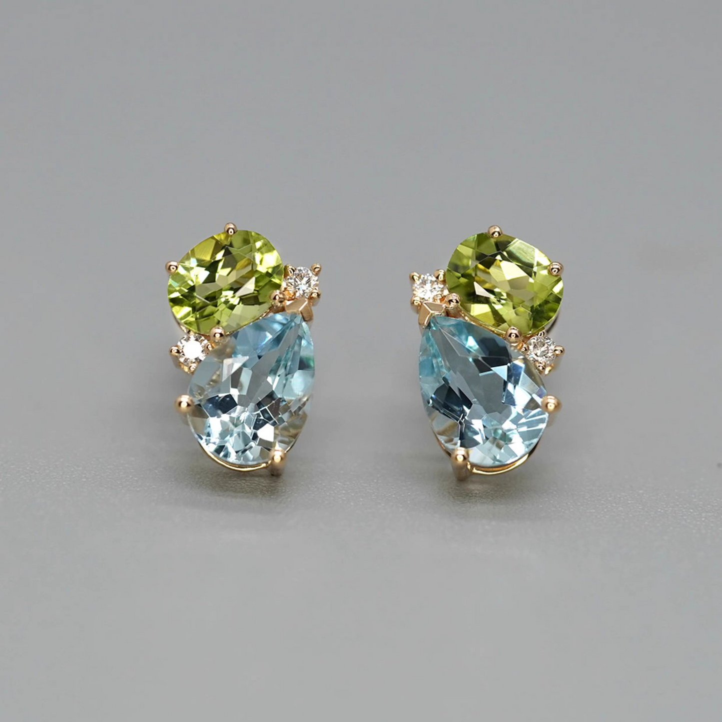 "Colorful Gemstones" – Approx. 1.2 Carat Natural Teardrop Aquamarine Earrings, 18K Gold Peridot & Diamond Studs with Green and Multicolored Gemstones