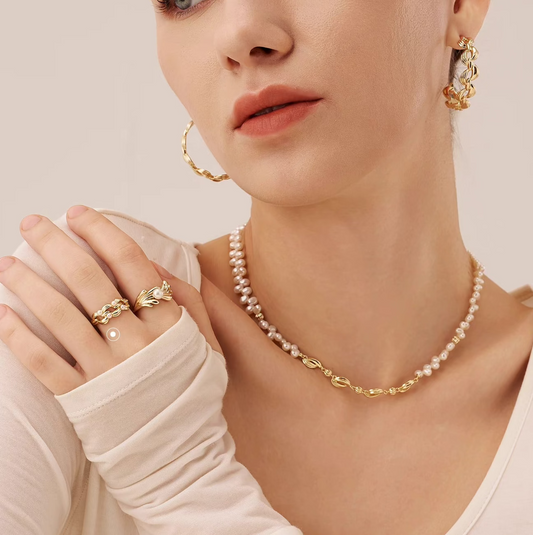Natural Pearl Ring for Women – Vintage-Inspired Woven Open Band Index Finger Ring, Unique Designer Style