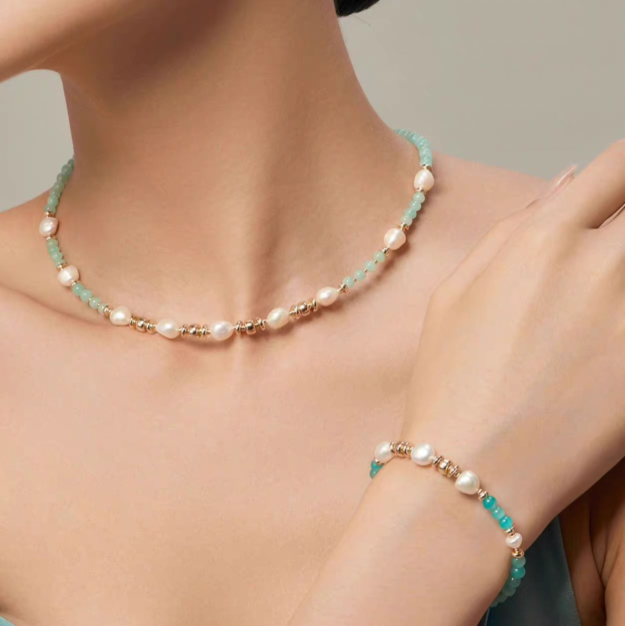 Amazonite Necklace for Women – Baroque Pearl Collarbone Chain, Light Luxury & Unique Designer Choker