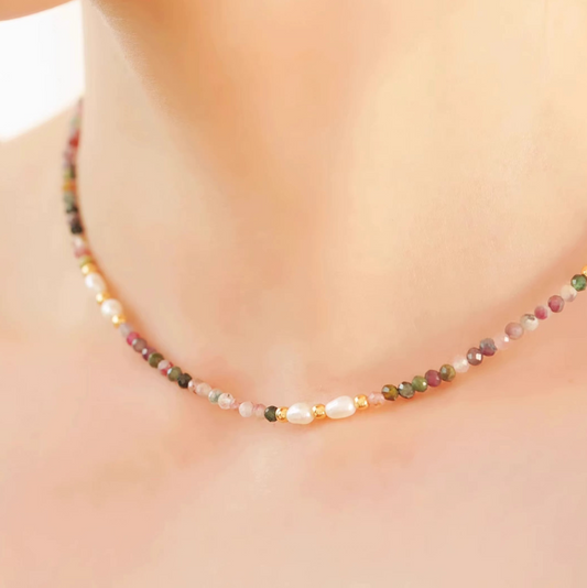 Delicate Tourmaline & Natural Pearl Mixed Necklace – Unique French-Inspired Light Luxury Choker