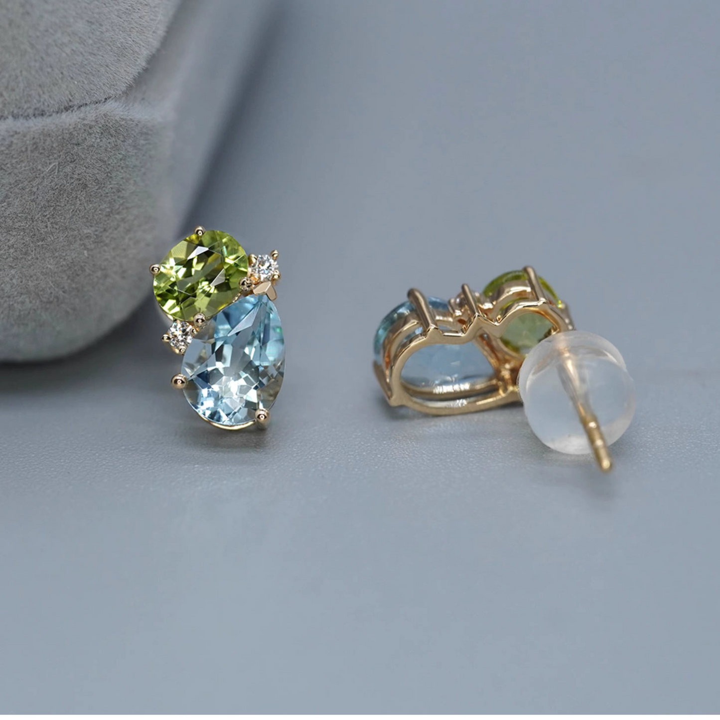 "Colorful Gemstones" – Approx. 1.2 Carat Natural Teardrop Aquamarine Earrings, 18K Gold Peridot & Diamond Studs with Green and Multicolored Gemstones