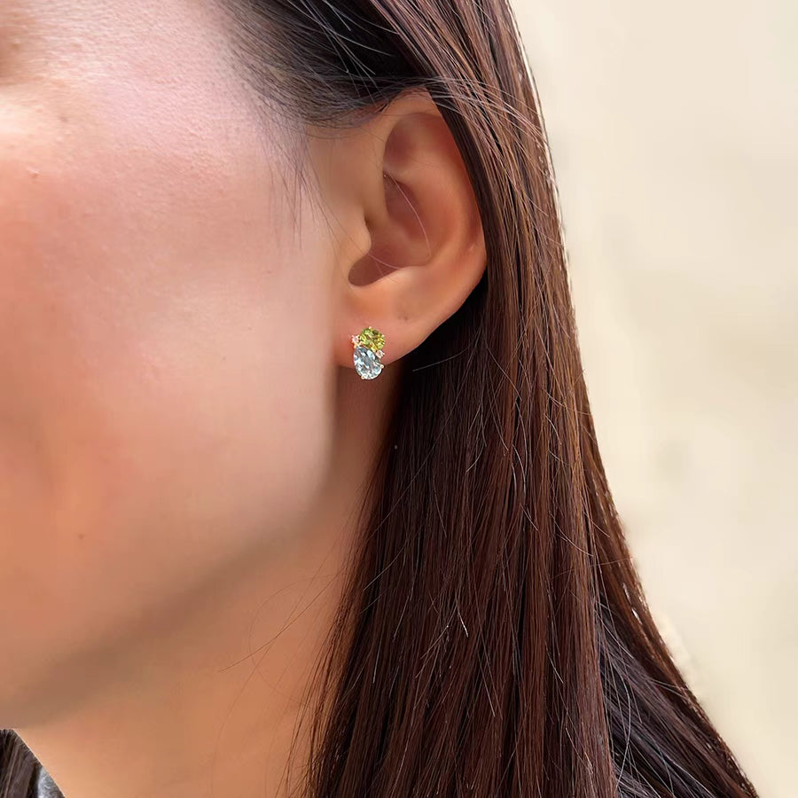 "Colorful Gemstones" – Approx. 1.2 Carat Natural Teardrop Aquamarine Earrings, 18K Gold Peridot & Diamond Studs with Green and Multicolored Gemstones