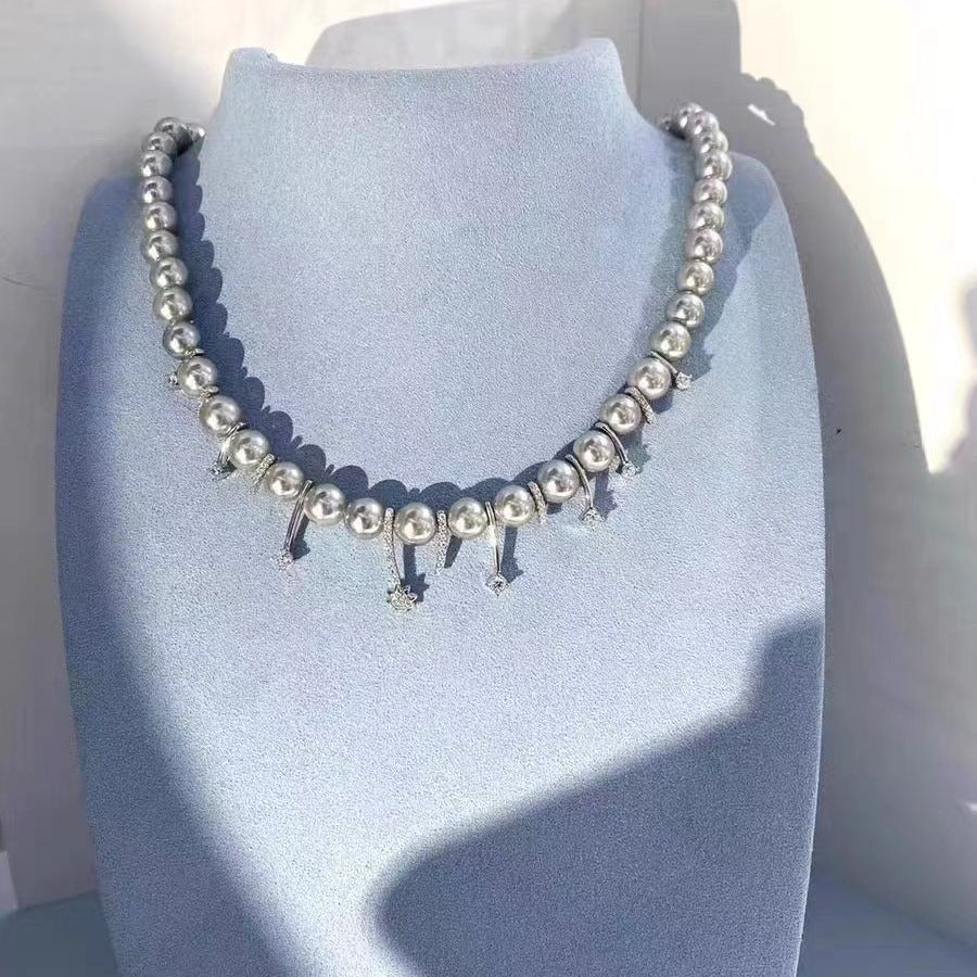 8.5-9MM grey pearl necklace, diamond and pearls