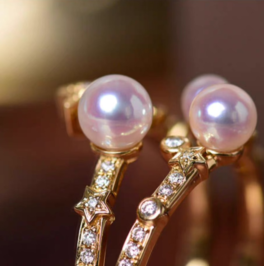 "Starlight Sugar" – 18K Gold Natural Diamond & Akoya Pearl Ring Set (Two Rings, Versatile Styling)