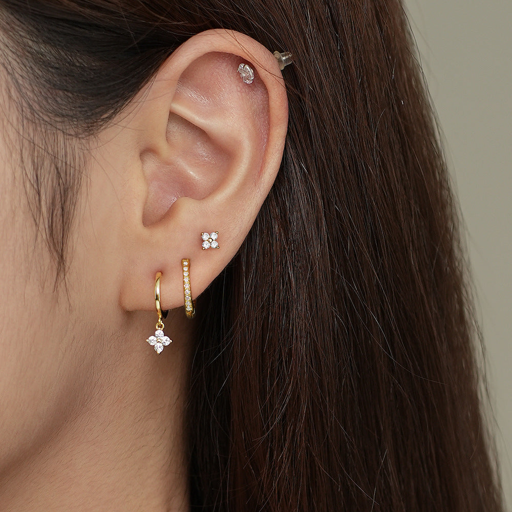 925 Sterling Silver three Colorful Zircon Flower Pendant Hoop Earrings, ear stud, Drop Huggies Set For Women Girls, Small Minimalist Huggies