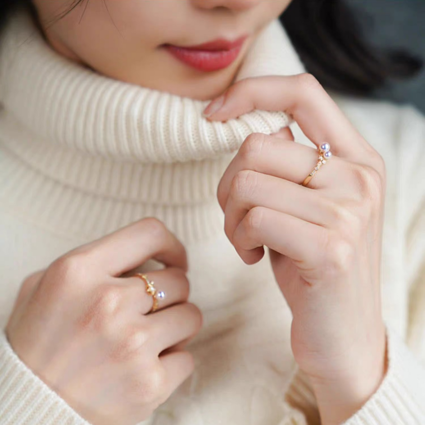 "Starlight Sugar" – 18K Gold Natural Diamond & Akoya Pearl Ring Set (Two Rings, Versatile Styling)