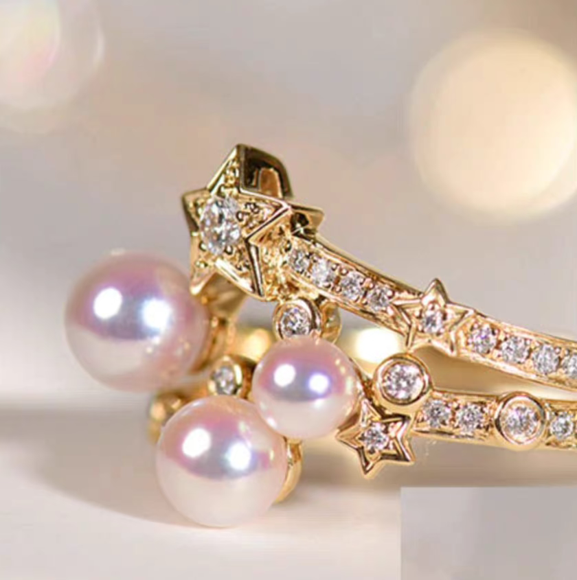 "Starlight Sugar" – 18K Gold Natural Diamond & Akoya Pearl Ring Set (Two Rings, Versatile Styling)