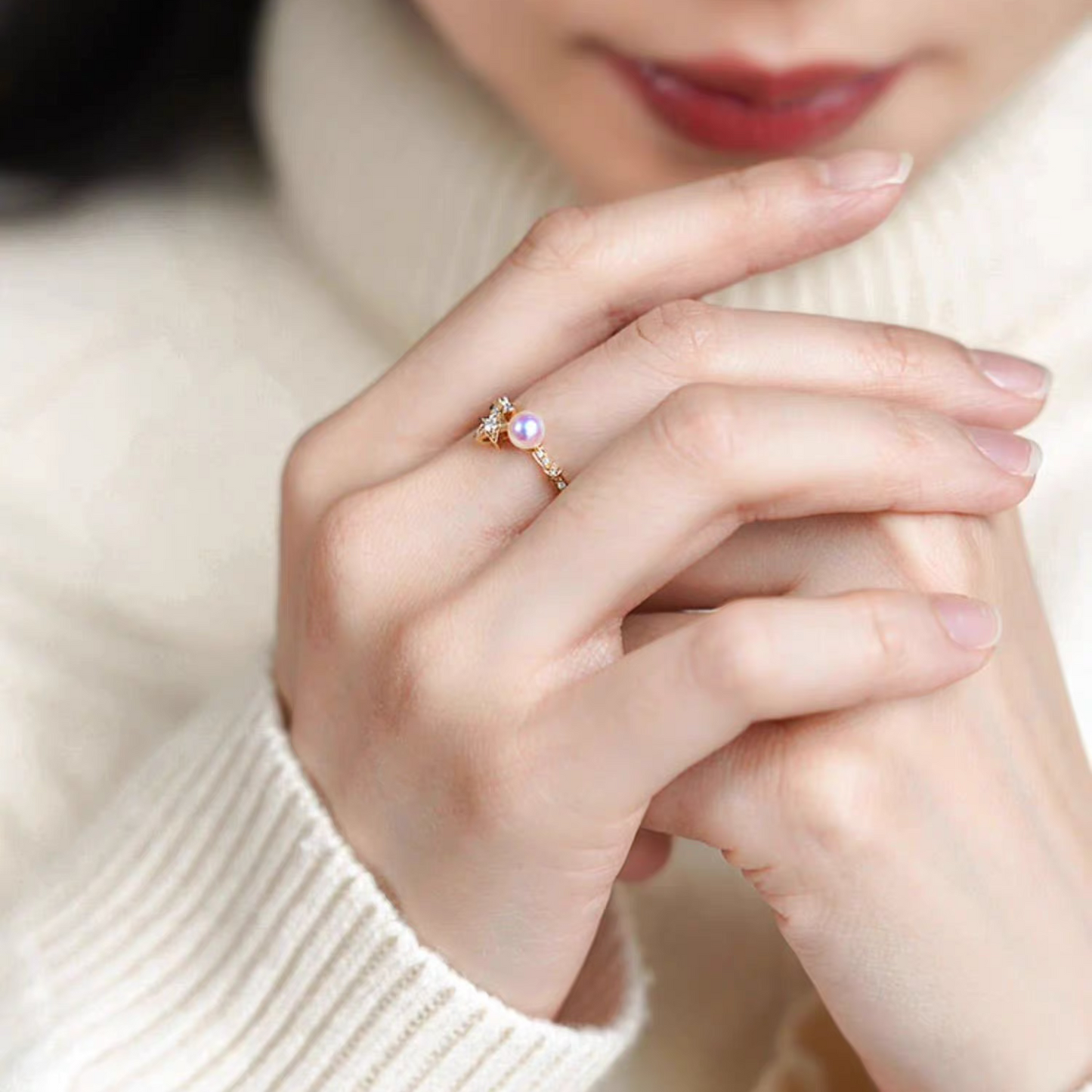 "Starlight Sugar" – 18K Gold Natural Diamond & Akoya Pearl Ring Set (Two Rings, Versatile Styling)