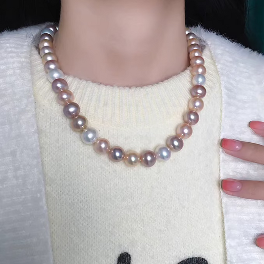 Natural Freshwater Multicolor Pearl Necklace for Women – High-Luster Candy-Colored Mirror-Finish Choker with Slight Natural Blemishes