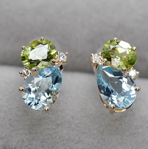 "Colorful Gemstones" – Approx. 1.2 Carat Natural Teardrop Aquamarine Earrings, 18K Gold Peridot & Diamond Studs with Green and Multicolored Gemstones