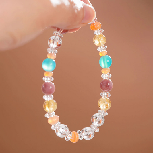 Natural Agate & Crystal Beaded Bracelet – Elastic Stress-Relief Bracelet for Women