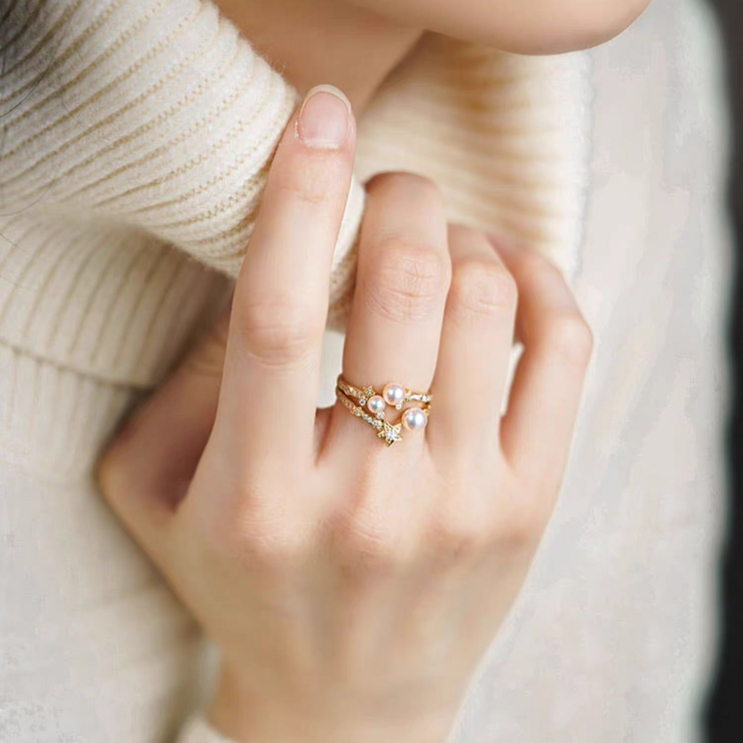"Starlight Sugar" – 18K Gold Natural Diamond & Akoya Pearl Ring Set (Two Rings, Versatile Styling)