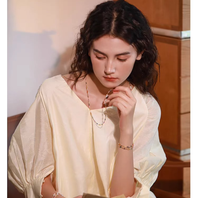 Natural Pearl & Colorful Sapphire Necklace – Summer Dopamine 18K Gold Beaded Collarbone Necklace