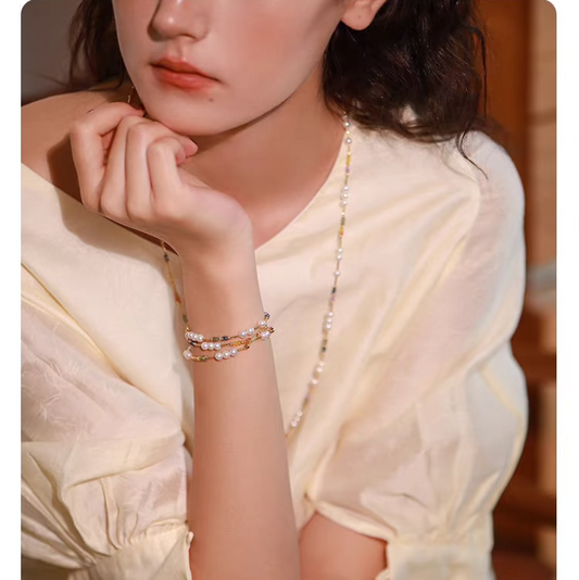Natural Pearl & Colorful Sapphire Necklace – Summer Dopamine 18K Gold Beaded Collarbone Necklace